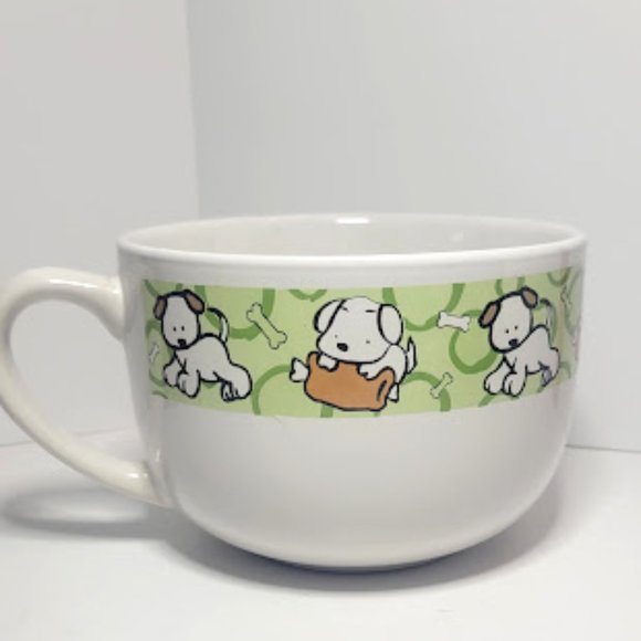 OVERSIZED WHITE COFFEE MUG WITH GREEN STIPE RIM AND PUPPY DOGS - Picture 3 of 6